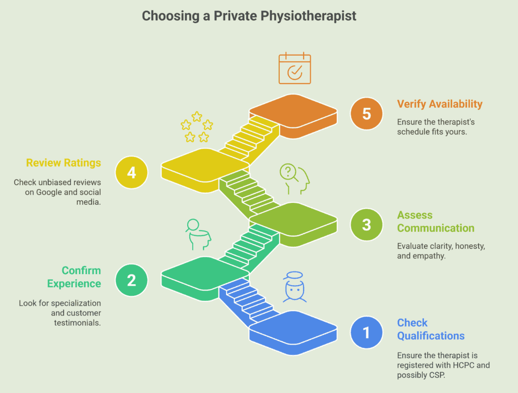 Infographic showing five key steps to choose private physiotherapist - One Body LDN Infographic showing five key steps to choose private physiotherapist