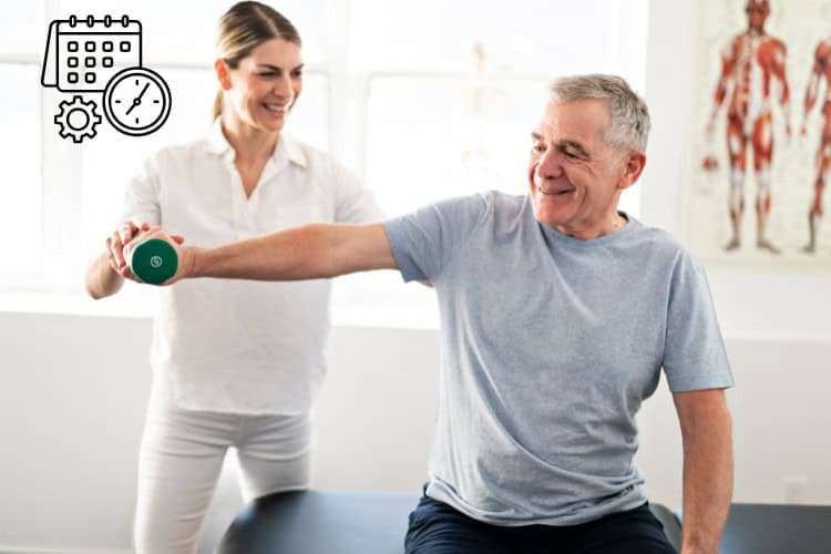 Smiling senior receiving thoughtful physiotherapy care with gift voucher