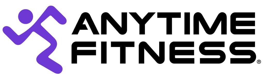 High-energy Anytime Fitness gym logo with a running figure, representing fitness partners and affili.