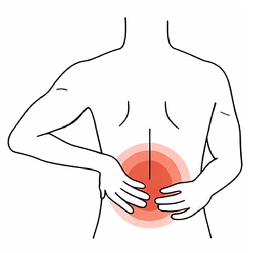 Person holding lower back with pain highlighted in red, representing back pain.