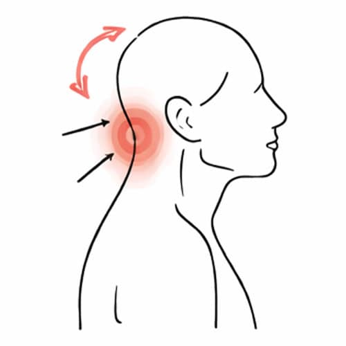 Illustration of neck pain with targeted area and relief arrows.