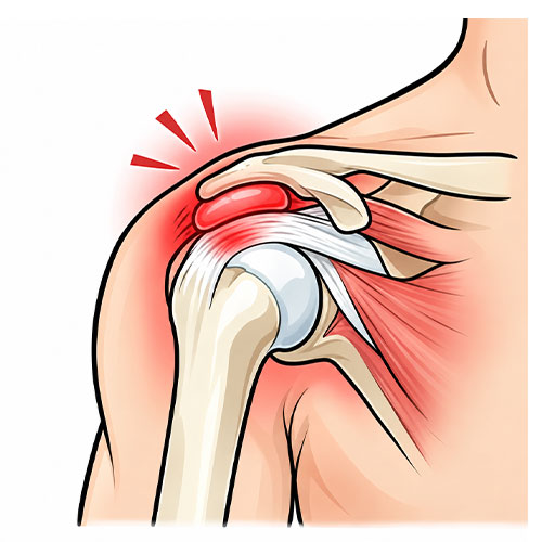Shoulder bursitis illustration showing an inflamed bursa beneath the acromion.